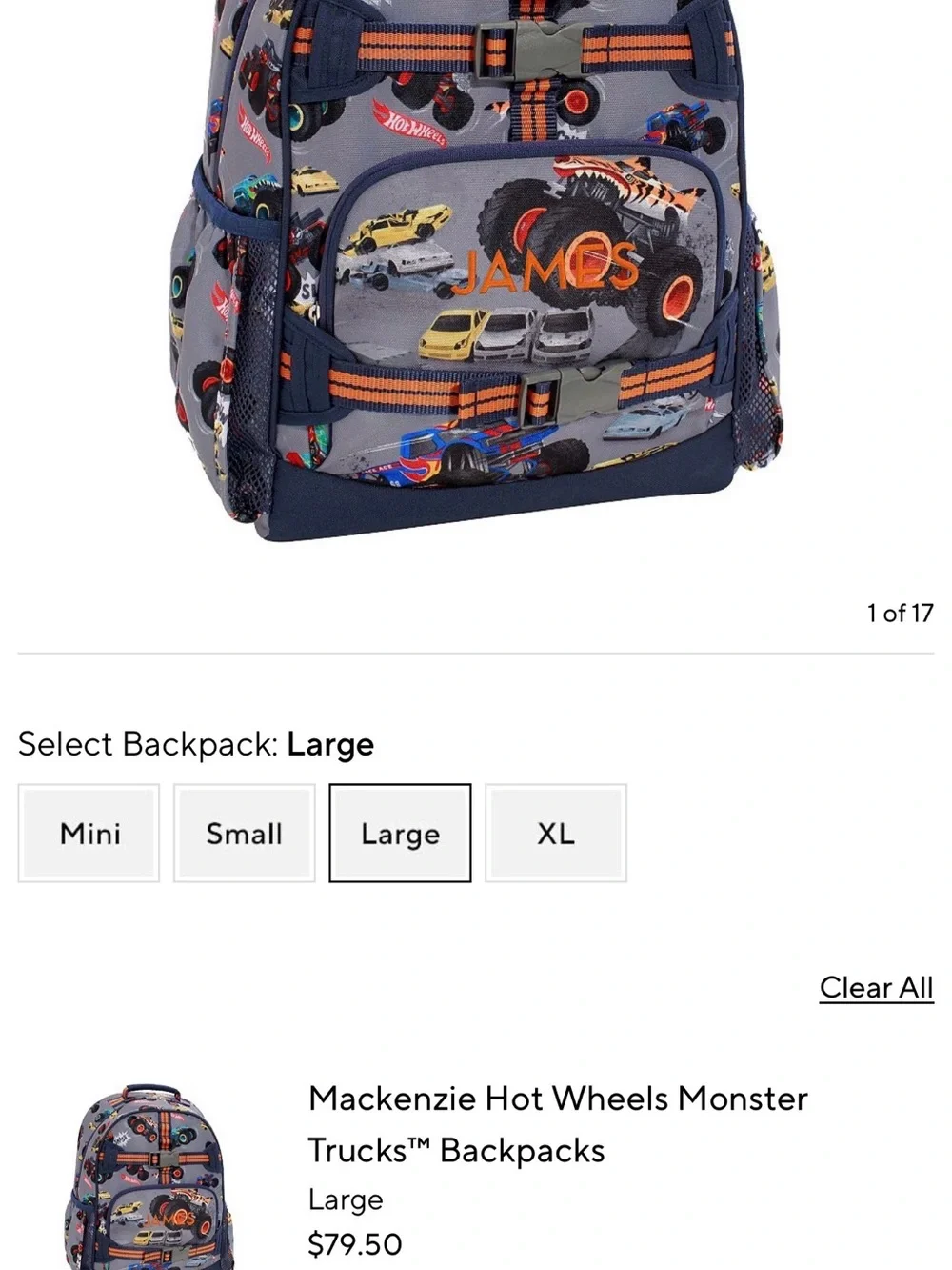 Pottery Barn Kids Gray Backpack with Navy and Orange Monster Truck Print